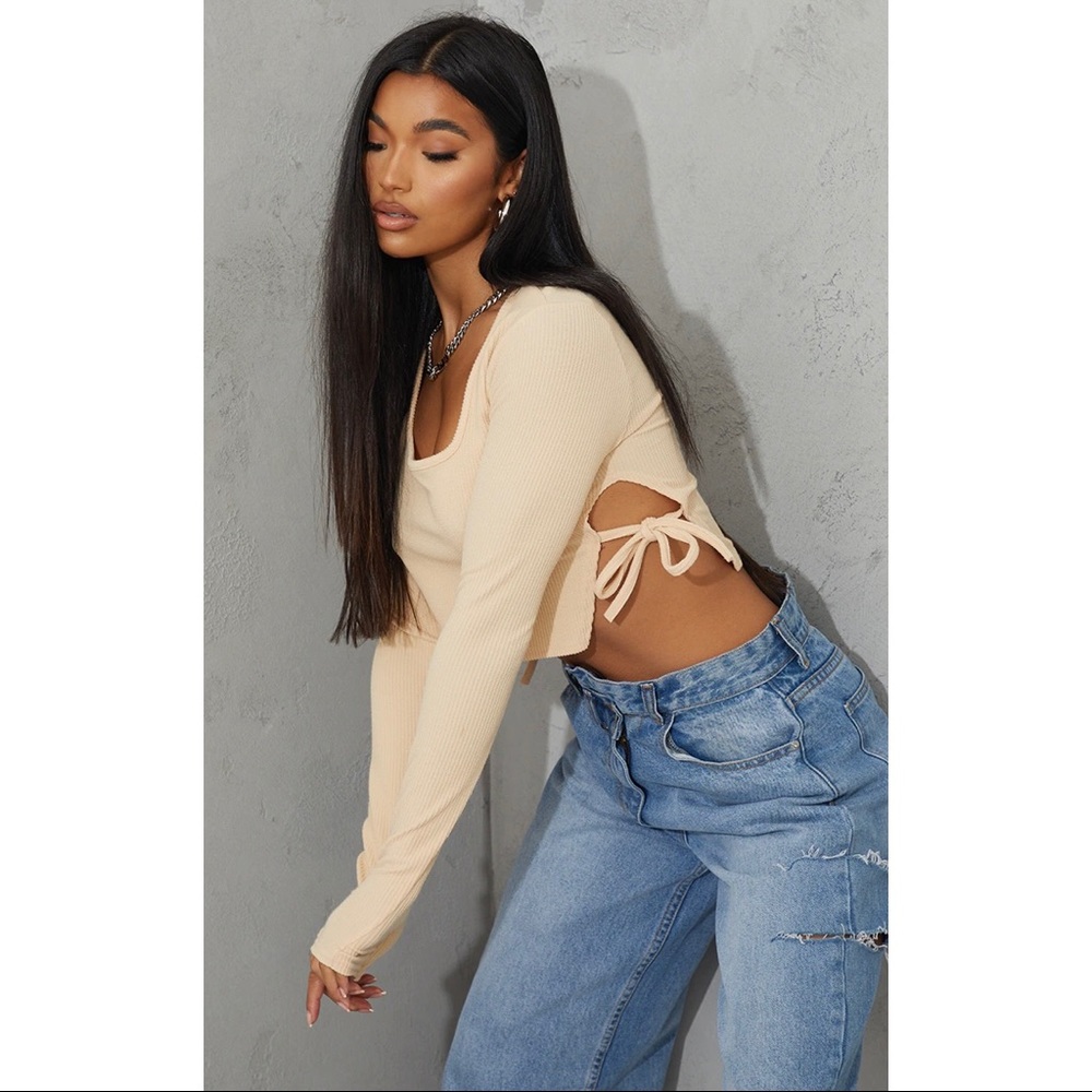 Rib Tie Side Long Sleeve Crop Top